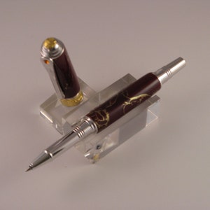 Handcrafted Art Deco Roller Ball Pen W/ Rhodium and 22kt Gold-Plate TRU Stone Maroon gold Matrix Body includes Lacquered Window Pen Box image 4