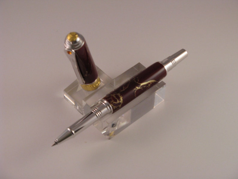Handcrafted Art Deco Roller Ball Pen W/ Rhodium and 22kt Gold-Plate TRU Stone Maroon gold Matrix Body includes Lacquered Window Pen Box image 4