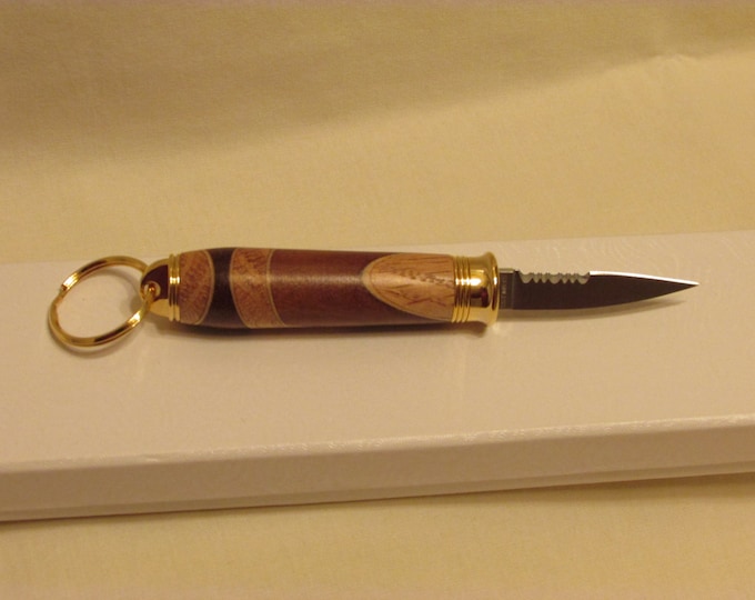 Handmade Laminated oak , maple, walnut  Compact Key Ring Knife  (Gold  Finish) with gift box