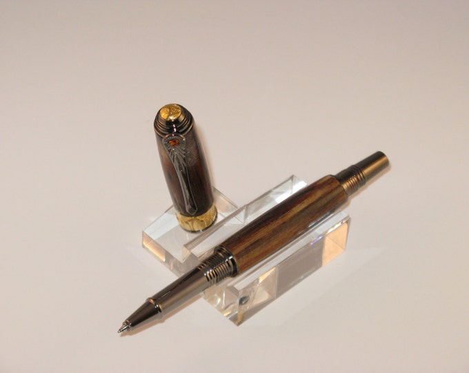 Roller Ball Art Deco with Black  Titanium and 22kt Gold-Plate & Stabilized Spalted Alder Body--Hand Crafted by NATNIC ARTISANS