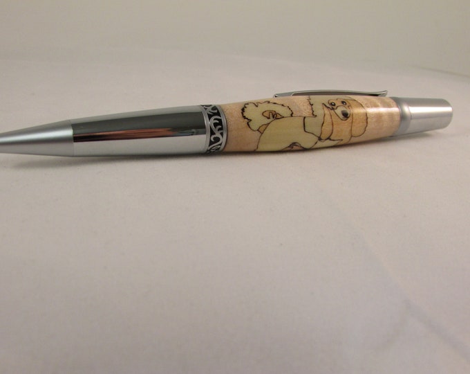 POODLE  Inlay  with  Maple,  dyed Basswood,Cherry,Holly, Sapele, Cedar --Satin Chrome/chrome Elegant Sierra twist pen: with a Window pen box