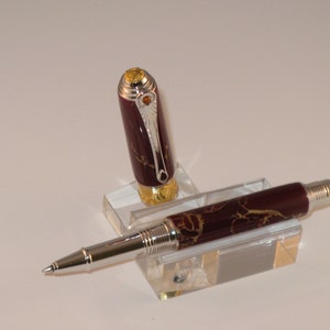 Handcrafted Art Deco Roller Ball Pen W/ Rhodium and 22kt Gold-Plate TRU Stone Maroon gold Matrix Body includes Lacquered Window Pen Box image 2