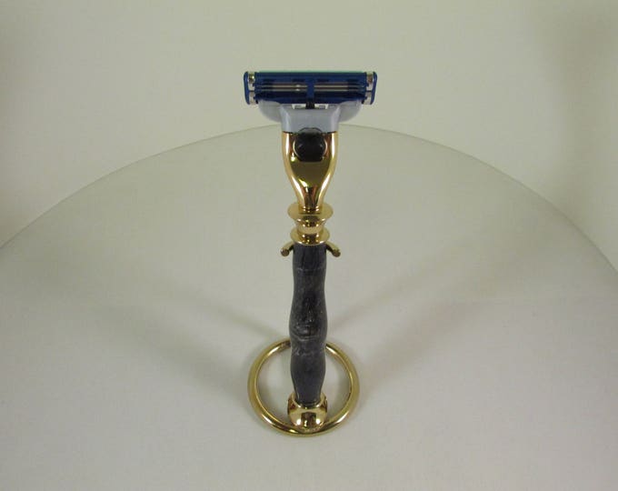 Handcrafted  Blue Dyed Stabalized Tiger Oak Shaving Razor in a Gold Titanium  Finish (select MACH3 (tm) or FUSION) with holder