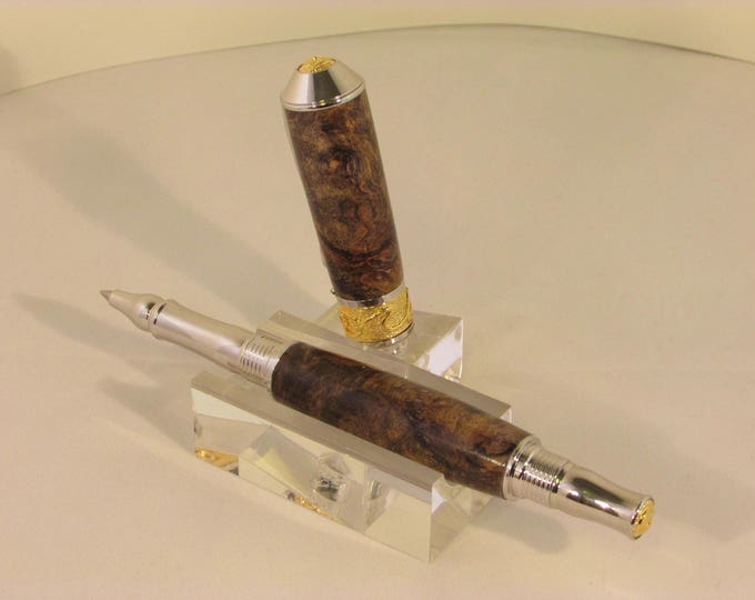 Nouveau Sceptre Roller Ball  with Rhodium and 22kt Gold-Plating &(Black /Gold DBL dyed  stabalized  Maple Burl) includes Leatherette Pen Box
