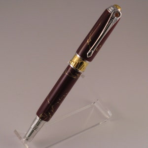 Handcrafted Art Deco Roller Ball Pen W/ Rhodium and 22kt Gold-Plate TRU Stone Maroon gold Matrix Body includes Lacquered Window Pen Box image 5