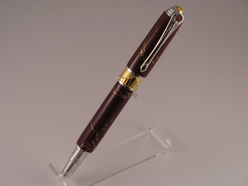Handcrafted Art Deco Roller Ball Pen W/ Rhodium and 22kt Gold-Plate TRU Stone Maroon gold Matrix Body includes Lacquered Window Pen Box image 5