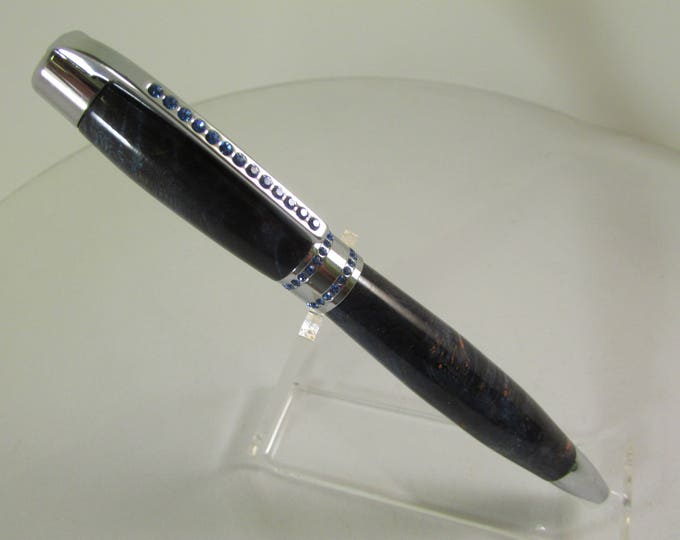 Handmade  Princess Twist Pen--Chrome with Blue Swarovski Crystals( stabalized  dyed Lapis Blue Maple Burl) includes pen box