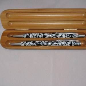 TWIST PEN SET--Black and White Crushed Pearl acrylic (includes a Bamboo Pen Case )