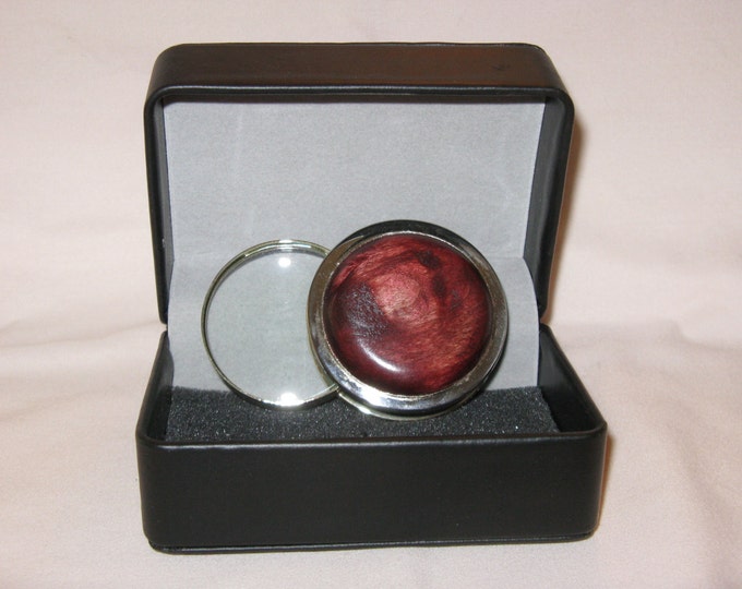 Chrome Plated Paperweight Magnifier with (Light Red Dyed Maple Wood)and(Black Leatherette Gift Box)