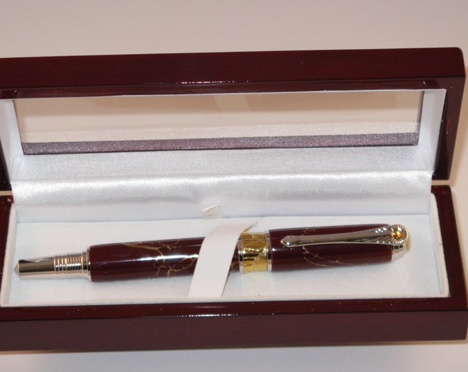 Handcrafted Art Deco Roller Ball Pen  W/ Rhodium and 22kt Gold-Plate (TRU Stone Maroon gold Matrix Body) includes  Lacquered Window Pen Box