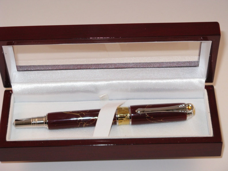 Handcrafted Art Deco Roller Ball Pen W/ Rhodium and 22kt Gold-Plate TRU Stone Maroon gold Matrix Body includes Lacquered Window Pen Box image 1