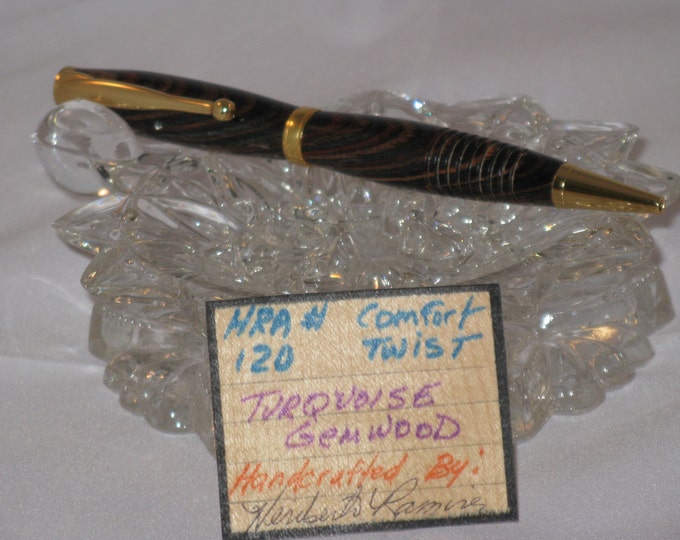 Handcrafted Comfort slimline twist pen (Turquoise Gemwood)(24Kt Gold finish)(with Felt LIned Pen Box).