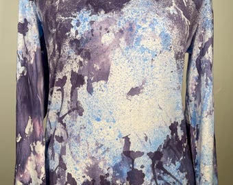 Soft cotton long sleeve tee for women,hand painted one of a kind,  purple , ocean blue abstract art wear, sustainable and versatile.