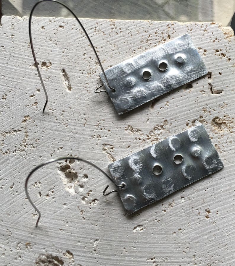 Long silver distressed rectangle geometric earrings