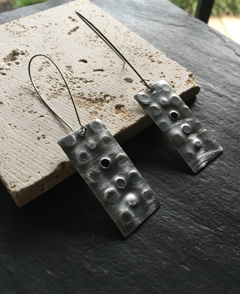 Long silver distressed rectangle geometric earrings