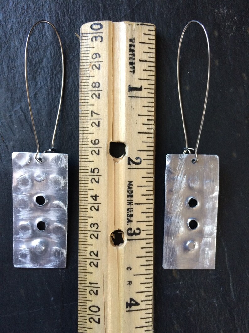 Long silver distressed rectangle geometric earrings