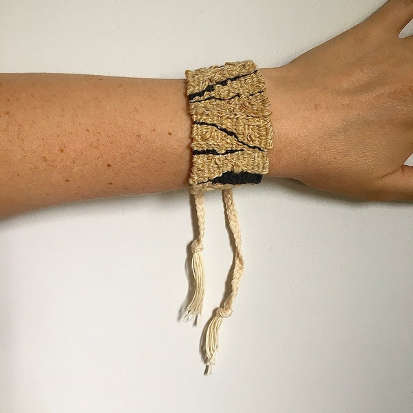 Handwoven gold and black organic deaign bracelet, Australian fibre art, woven jewellery, woven bangle, handmade jewellery