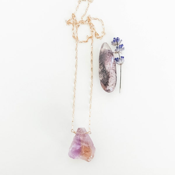 Ametrine Gold Necklace, Raw Ametrine Necklace, Raw Crystal Necklace, Purple Crystal Necklace