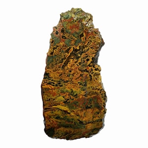 May include: A polished, irregularly shaped stone with a vibrant mix of colors. The surface displays a complex pattern of yellows, oranges, greens, and blacks. The stone's texture appears rough and natural, with variations in color and pattern.