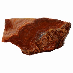 May include: A polished, irregularly shaped stone with a rich, layered appearance. The stone features bands of deep red, brown, and orange hues, with subtle variations in texture and color. The overall effect is a natural, earthy aesthetic.