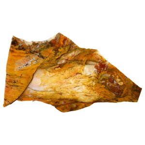 May include: A polished slab of Mookaite jasper featuring a vibrant color palette of mustard yellow, cream, and deep terracotta red. The stone displays natural swirling patterns, organic veining, and a smooth, glossy surface texture throughout.