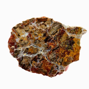 May include: A polished, irregularly shaped stone with a complex pattern of colours. The stone features a mix of red, brown, yellow, and white hues, creating a marbled effect. The surface has a textured appearance.