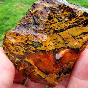 Puede incluir: Una gran pieza de piedra de ojo de tigre en bruto con una mezcla de colores marrón, amarillo y dorado. La piedra tiene un patrón en capas, estriado y un acabado brillante.