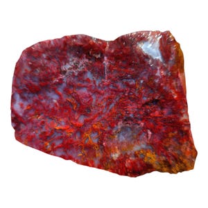 May include: A polished, irregularly shaped stone with a striking pattern of deep red, orange, and white veins. The stone's surface has a textured appearance, showcasing the natural variations in colour and pattern. The overall effect is a vibrant and eye-catching display of natural beauty.
