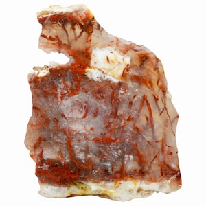 May include: A raw, natural gemstone with a translucent appearance. The stone features a mix of clear, white, and reddish-brown hues, with intricate patterns and veins running throughout. The overall shape is irregular, showcasing the stone's natural form.