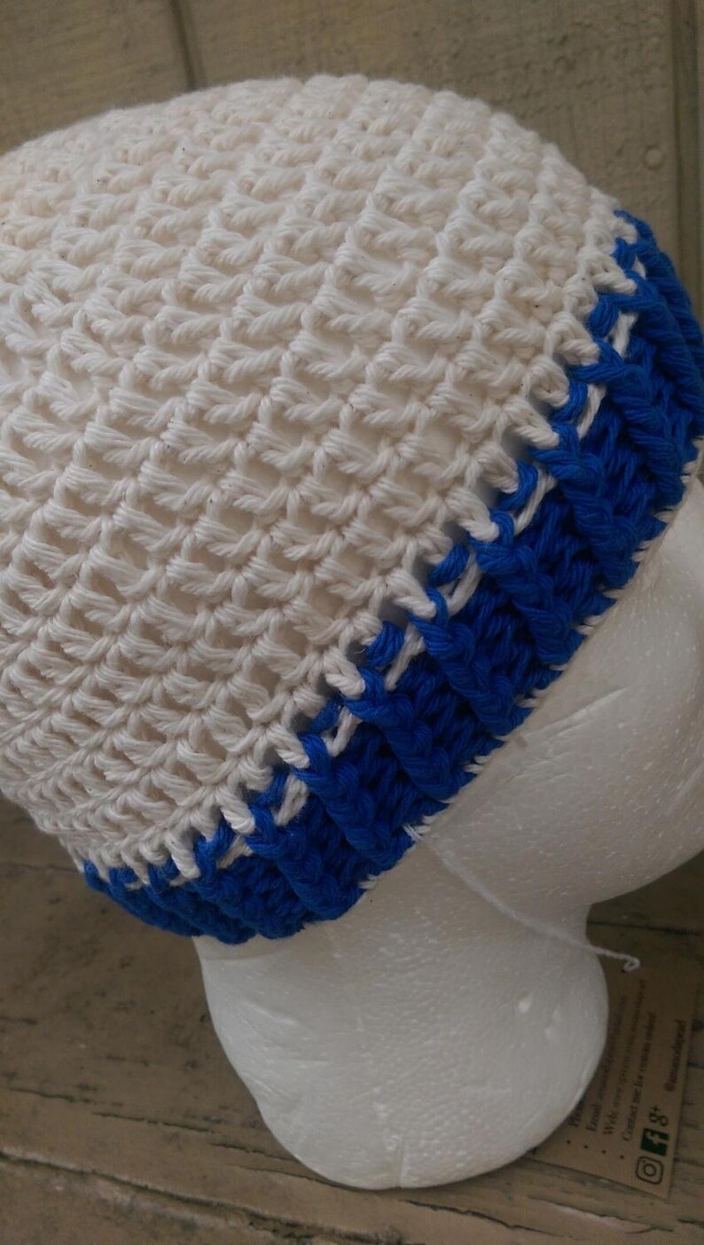 100/% Cotton Handmade Blue and White Crochet Beanie