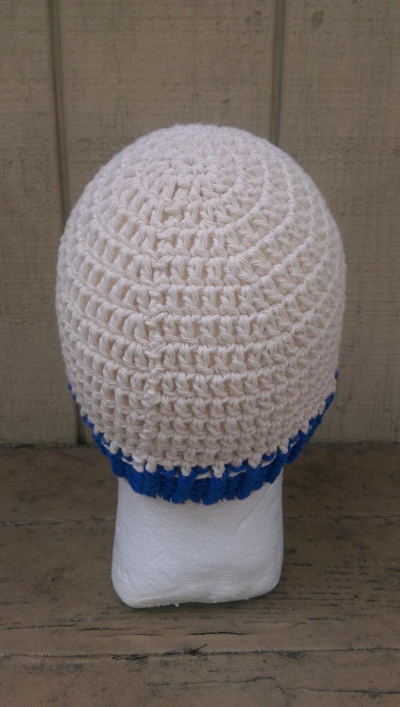 100/% Cotton Handmade Blue and White Crochet Beanie
