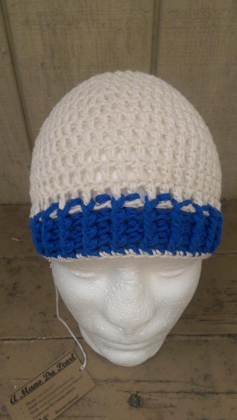 100/% Cotton Handmade Blue and White Crochet Beanie