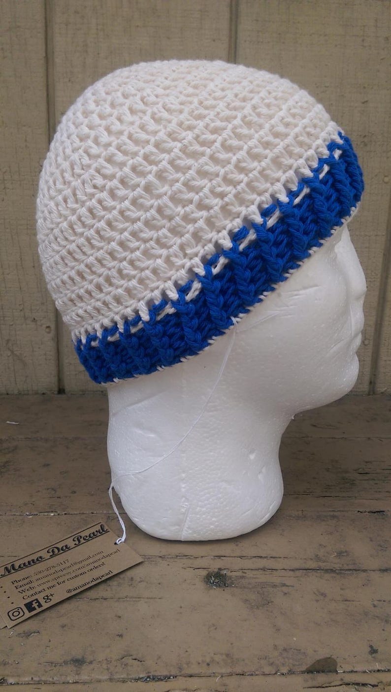 100/% Cotton Handmade Blue and White Crochet Beanie