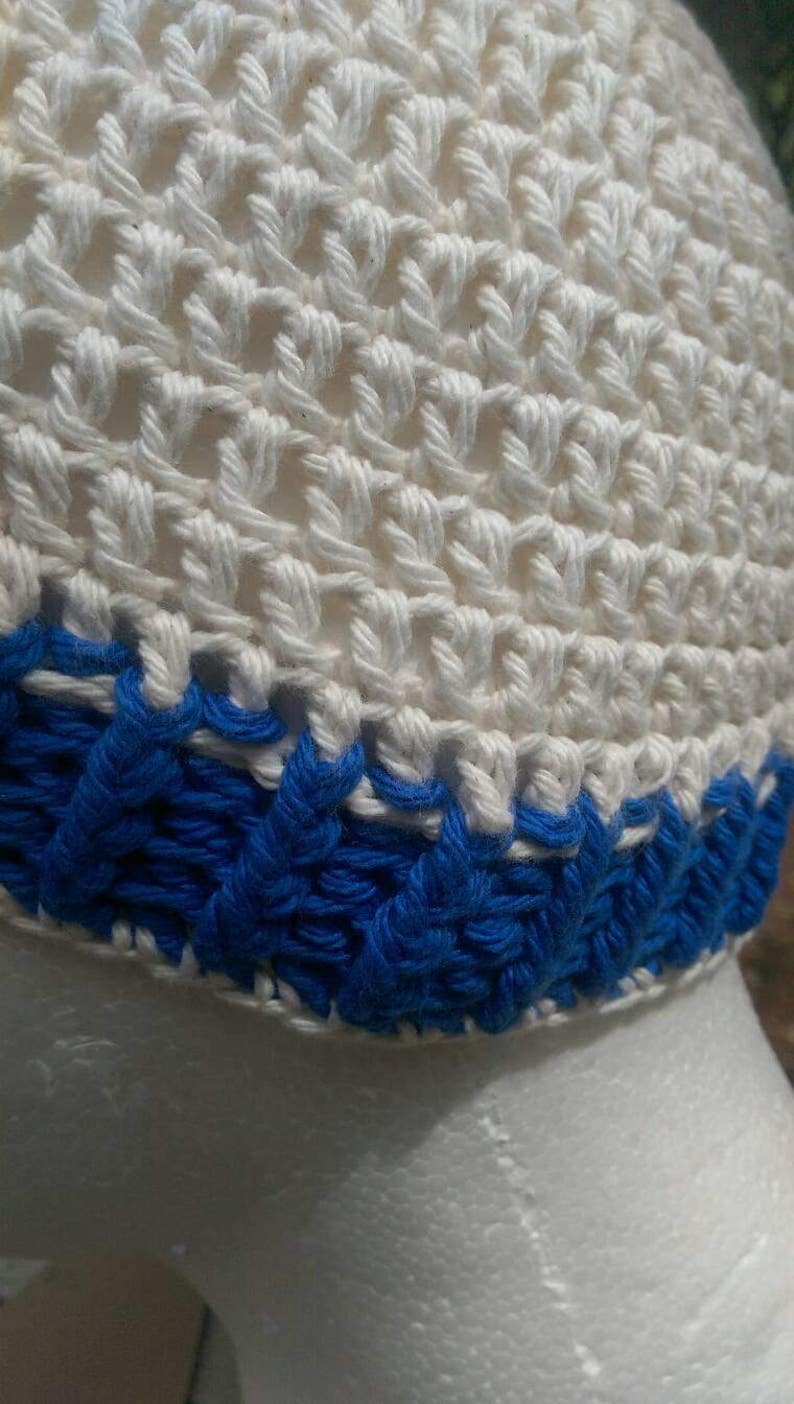 100/% Cotton Handmade Blue and White Crochet Beanie