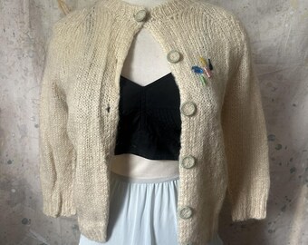 1950s Yellow Mohair Cardigan with Celluloid Cracker Jack Charms