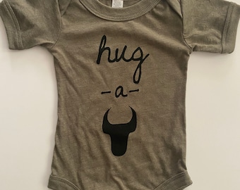 Hug-A-Bull,  6-12 months, Screen printed Baby Onesie - Durham, NC, Heathered Army with Black print
