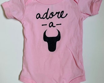 Adore A Bull, Size 3-6 months, Durham Baby One Piece, screen printed, Pale Pink with Black print