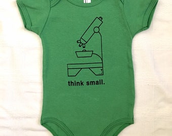 Think Small baby one-piece, size 12-18 months, screen printed, silk screened, black print on green romper