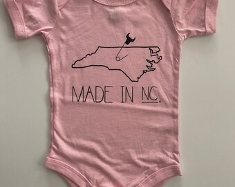 Made in NC, 6-12 month North Carolina Baby Onesie, Durham, Screen printed onesie, pale pink with Black print