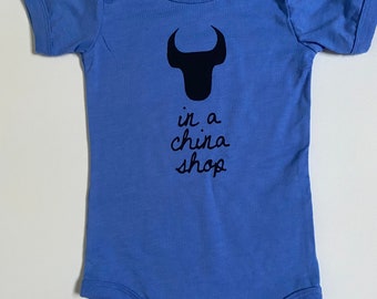 Bull In A China Shop, 12-18 months, Durham Baby Romper, one piece, Blue  with Black print