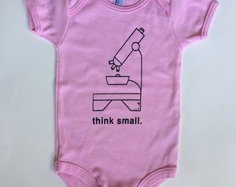 Think Small baby onesie, size 3-6 months, screen printed, silk screened, black print on pink one-piece, romper