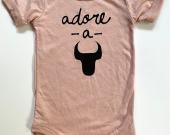 Adore A Bull, Size 3-6 months, Durham Baby One Piece, screen printed, Peach with Black print