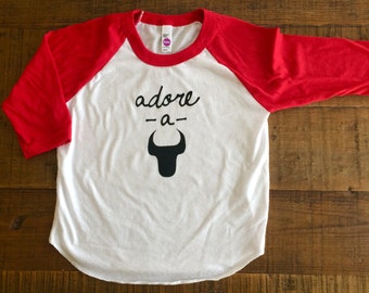 Adore-A-Bull, Size 6T, Toddler Baseball Tee, Screen printed shirt -American Apparel, Red Sleeves with Black print