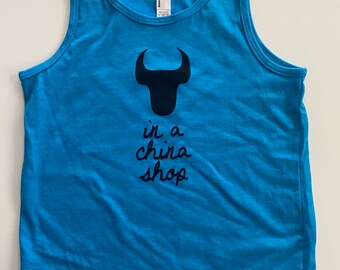 Bull In A China Shop,  6T (runs SMALL!!) Summer tank, teal blue with Black print