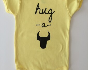 Hug-A-Bull,  6-12 months, Screen printed Baby Onepiece, romper - Durham, NC, Yellow with Black print