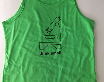 Think Small, summer tank, size youth S or 6/7, screen printed, silk screened, black print on neon green