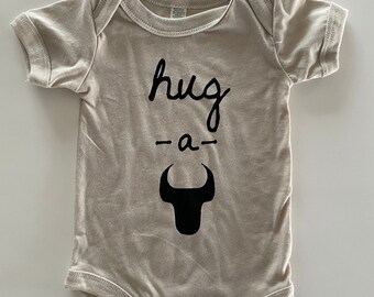 Hug-A-Bull,  3-6 months, Screen printed Baby One piece- Durham, NC, Natural with Black print