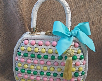 Vintage White Wicker Gumball Kelly Style Handbag 50's 60's Adorable!!