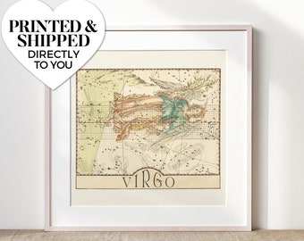 May include: A vintage style illustration of the Virgo constellation, printed in a white frame with a white mat. The illustration is in shades of brown, green, and yellow, with a grid pattern and stars.