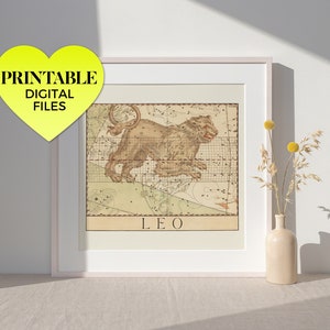 Leo, der Löwe ~ druckbare Wandkunst | Klassische Renaissance Vintage Sternzeichen Sternenhimmel Antike Sternkarte Atlas Astrologie verändert Kunstwerk